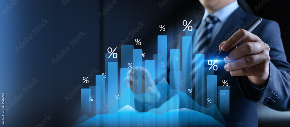 Poster financial growth strategy and data visualization with interactive graphs and percentages in business