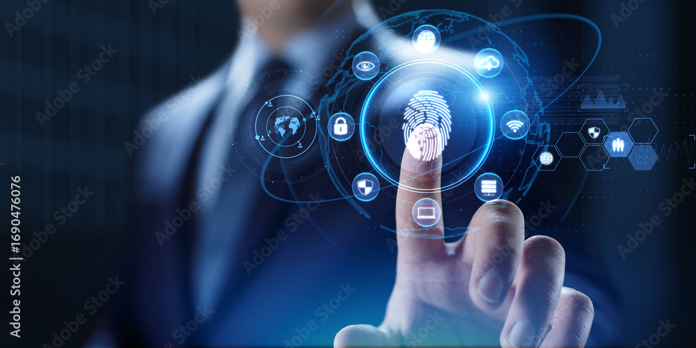 Poster biometric security access and digital identity interface on virtual screen.