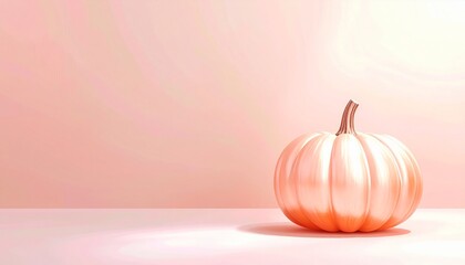 A smooth, softly lit orange pumpkin resting on a pastel pink surface with a warm, gentle background