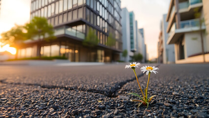 Daisies grow through cracks in pavement in city. Daisies sprout up amidst the asphalt pavement with high-rise buildings in background