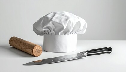 Chef’s hat with rolling pins and knife on white surface