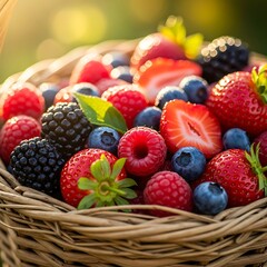 Obraz premium A close-up view of a wicker basket overflowing with a vibrant assortment of fresh berries, including raspberries, blueberries, blackberries, and strawberries, illuminated by sunlight, showcasing a...