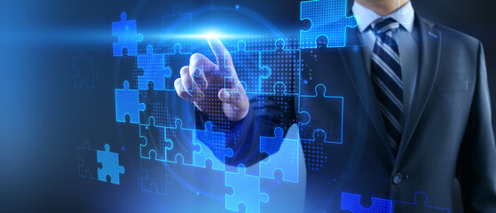 Business Strategy and Global Collaboration Concept with Digital Puzzle Integration.