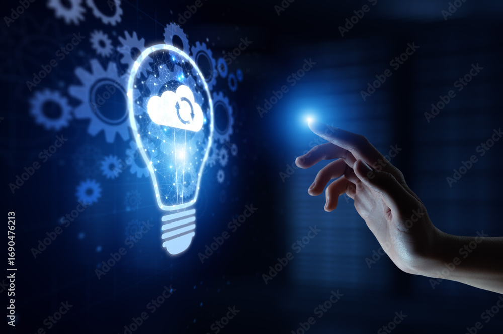 Poster cloud computing enabling scalable data storage and access with human hand holding lamp hologram.