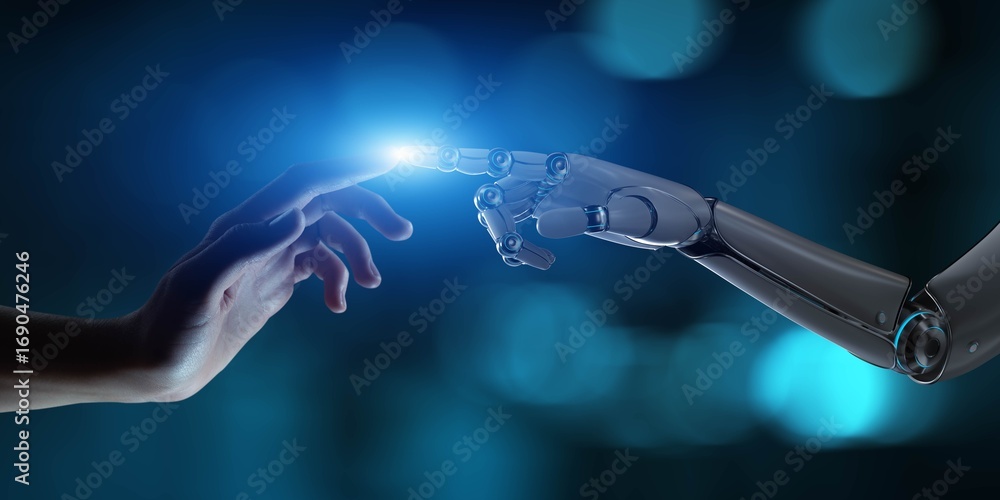 Poster human-robot interaction, ai, machine learning and neural networks as digital transformation concept.