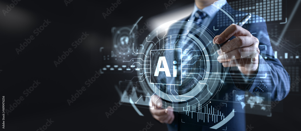 Poster artificial intelligence technology and global business strategy concept with digital interface.
