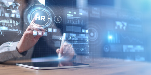 HR Analytics Interface on Virtual Screen as Wide Business and Technology Banner.