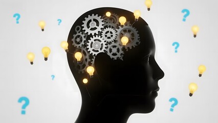 Silhouette of a human head with gears and light bulbs, surrounded by question marks.