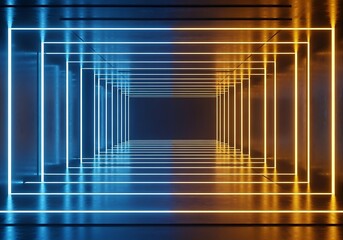 A futuristic tunnel, lined with repeating square frames, illuminated by vibrant blue and yellow neon lights, creates a dynamic and eye-catching visual.
