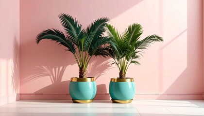 Two potted palm plants in turquoise pots against pink wall