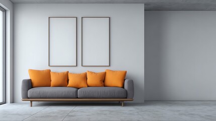 A modern living room interior features a gray sofa accented with vibrant orange cushions, positioned beneath two framed blank canvases on a neutral wall, evoking a sense of calm and contemporary