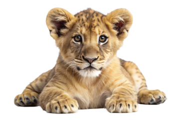 Lion cub lying down isolated on a transparent background