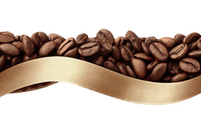 Roasted Coffee Beans with Gold Ribbon on Black Background
