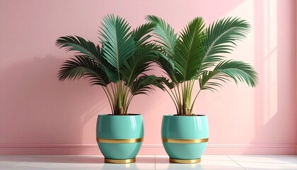 Two potted palm plants in turquoise pots against pink wall