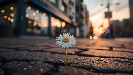 A single daisy blooms bravely through a crack in the urban pavement, symbolizing resilience and the tenacity of life amidst an urban backdrop.