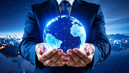 Businessperson holding glowing digital Earth with global network