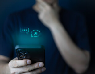 Digital AI chatbot. man using mobile smartphone with AI chatbot for online information in city town