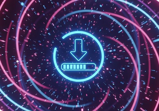 A glowing, light-blue download icon, encircled by swirling, vibrant pink and blue light trails, against a dark background.