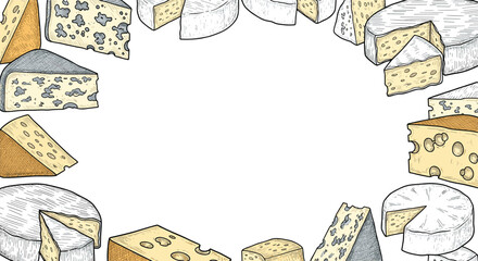 An assortment of artisanal cheeses displayed in a decorative border for culinary inspiration and food design