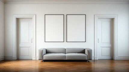 A serene interior showcases a minimalist living room arrangement, featuring a gray sofa centered beneath two framed blank canvases against a pale wall, evoking calm and spaciousness.