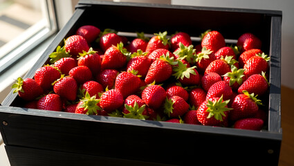 Freshly picked strawberries are showcased in a wooden crate, radiating freshness and vitality. The vibrant red berries are a feast for the eyes.