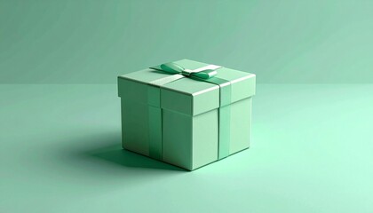 Obraz premium White gift box with mint ribbon and pink rose on green background