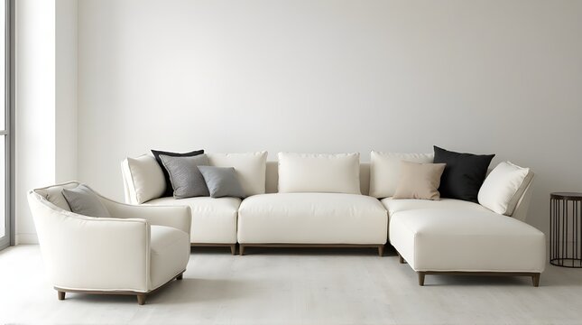 Elegant modern cream sofa and armchair create a bright and inviting living room interior design scheme