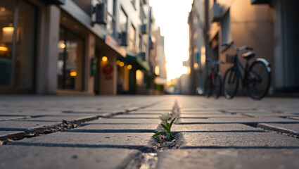 A small plant sprouts from a crack in the pavement, a symbol of resilience and nature's power. The photograph offers an unusual perspective