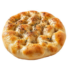 Golden, herb-topped round focaccia with a dimpled crust and soft, airy interior