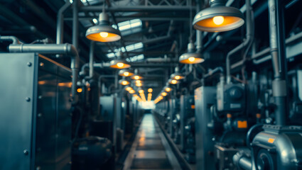 An industrial interior view of a factory with equipment, lamps, and pipes, conveying a sense of production and engineering