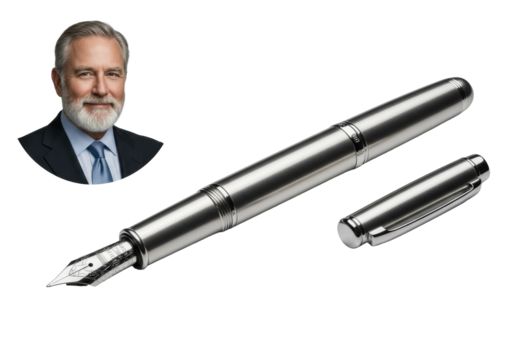 Mature caucasian businessman, mid-50s, grey beard, dark suit, smiling confidently, silver fountain pen, against shadowless transparent studio background, commercial product branding concept