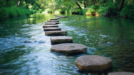 Tranquil river flowing through a serene forest with natural stepping stones along the bank