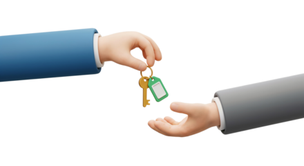 Cut out of a real estate agent hands giving house keys to a new owner hand Cartoonish 3d render