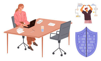 Woman typing on laptop at a desk with papers and water, programmer managing data flow, shield symbolizing cybersecurity. Ideal for teamwork, coding, cybersecurity, productivity, data security