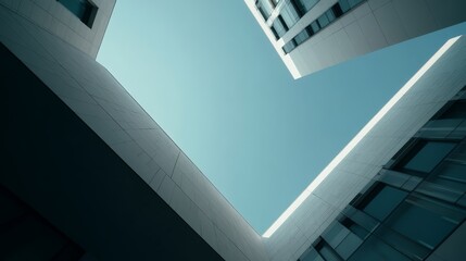 Obraz premium Futuristic architectural buildings with sleek glass facades and sharp lines from a low angle perspective against a clear sky with copy space