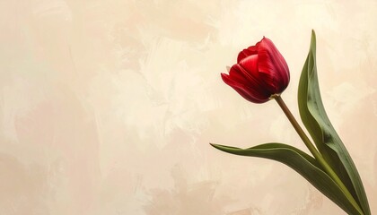Obraz premium Red tulip with green leaves on beige background