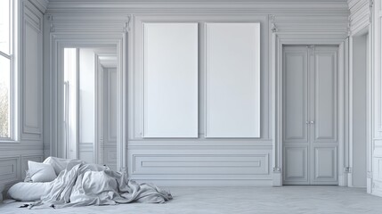 An elegantly rendered interior depicts a spacious room with ornate architectural details, featuring a disheveled bed and neutral color palette, evoking a sense of quiet solitude and refined comfort.