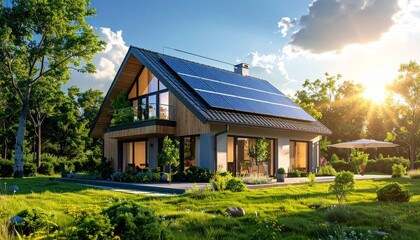 Eco-friendly house with solar panels in nature