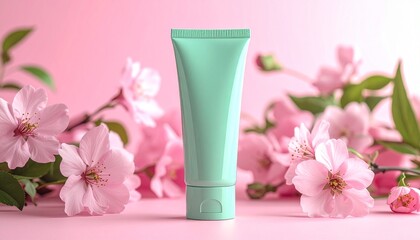 Mint green cosmetic tube with cherry blossoms