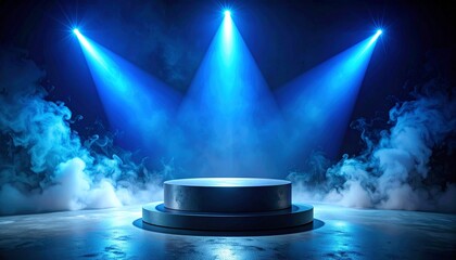 Blue-lit stage with mist and spotlights