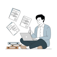 Happy young businessman in office environment using laptop at modern desk, professional casual attire, multitasking and digital communications for marketing or remote work, bright natural light