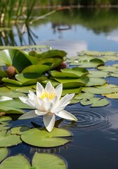 Serene white water lily, with vibrant green leaves, rests gracefully on a placid pond surface, bathed in sunlight.