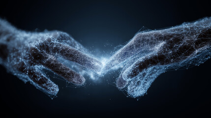 Human hands made of digital network lines joining together