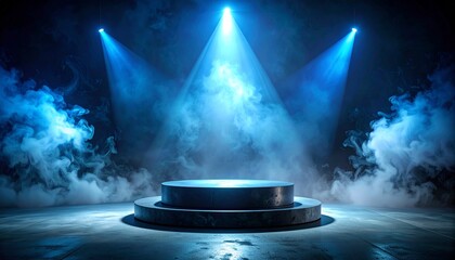 Blue-lit stage with mist and spotlights