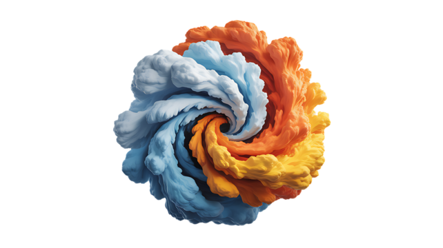 Abstract swirling vortex of orange and blue smoke isolated on transparent background