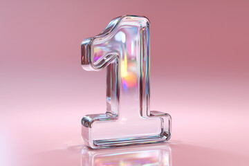 Chrome Number One Digit in 3D Render on Pink Background with Glossy Reflections
