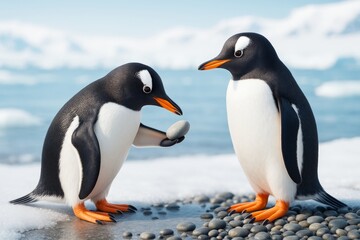 Obraz premium Two cartoon-style penguins standing on pebbles in snowy landscape with one offering a stone, symbolizing love or bonding in icy background concept. Ai generative