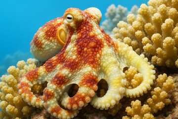 Colorful octopus resting on coral reef with light blue background in underwater abstract marine scene full of texture and detail. Ai generative. Ai generative