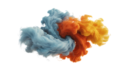 Abstract explosion of blue and orange ink swirling in water, isolated on transparent background