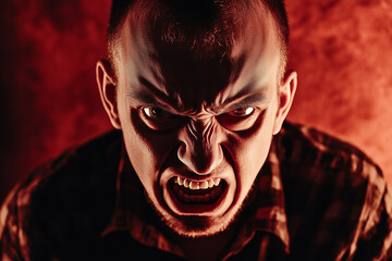 Anger. Background dark red. A person with very angry expression, generated AI